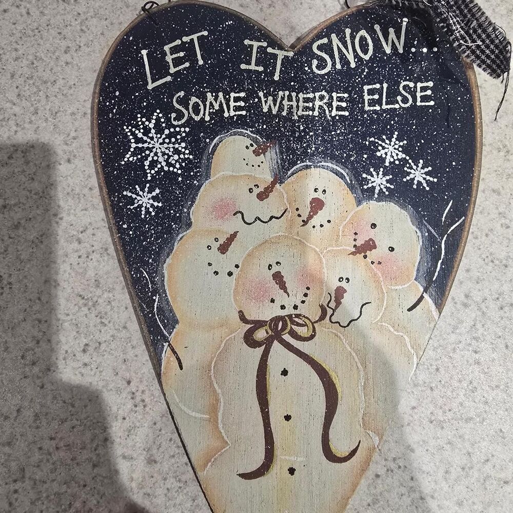 Wooden Heart Shaped Sign with Snowmen